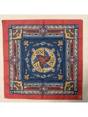 Vintage Wamcraft Bandana USA Made Southwestern Aztec Native Print Coral Blue Yel